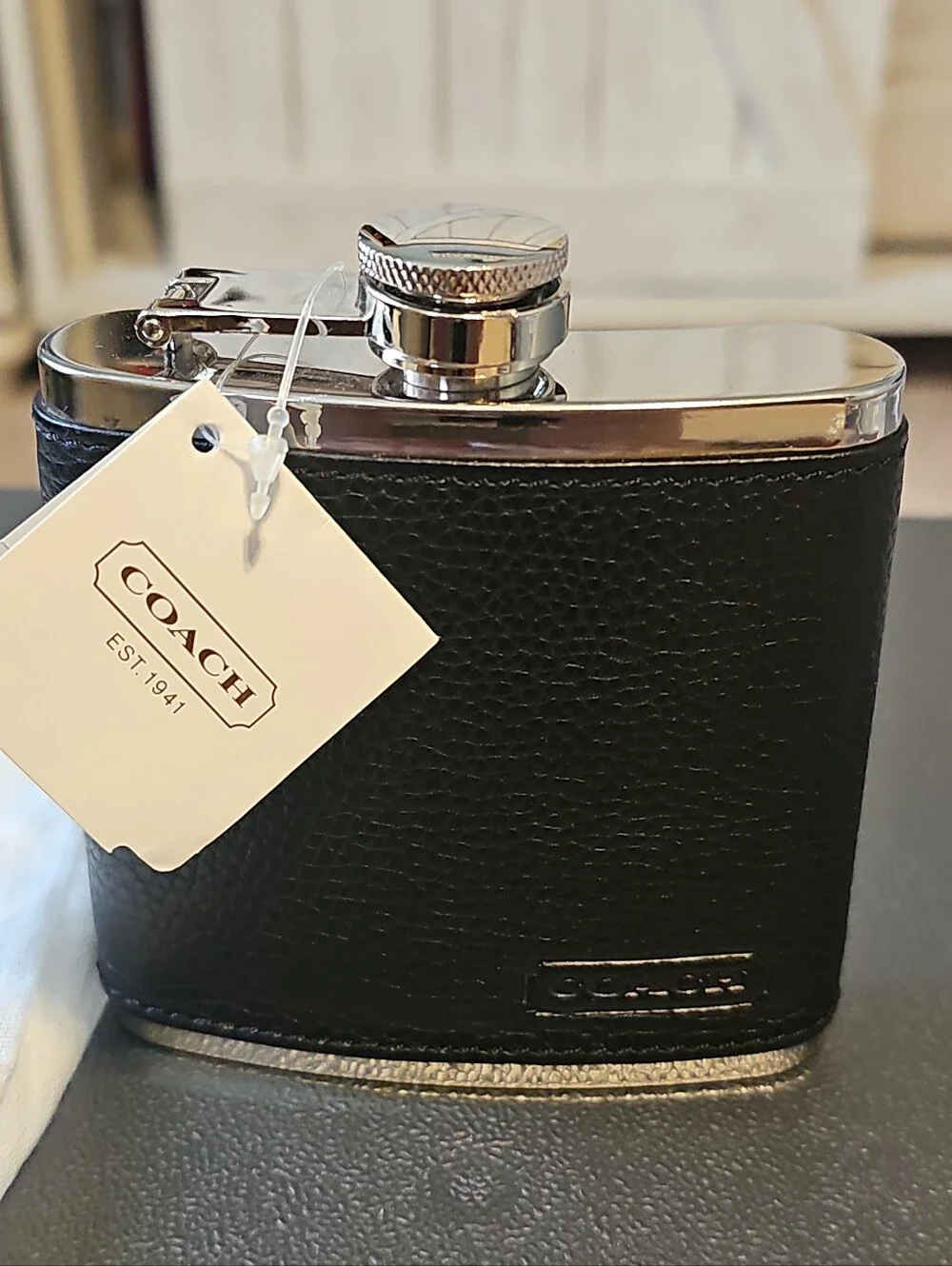 COACH BLACK PEBBLE Leather Flask 6 oz. Stainless Steel  Never Used W/ TIE BAG